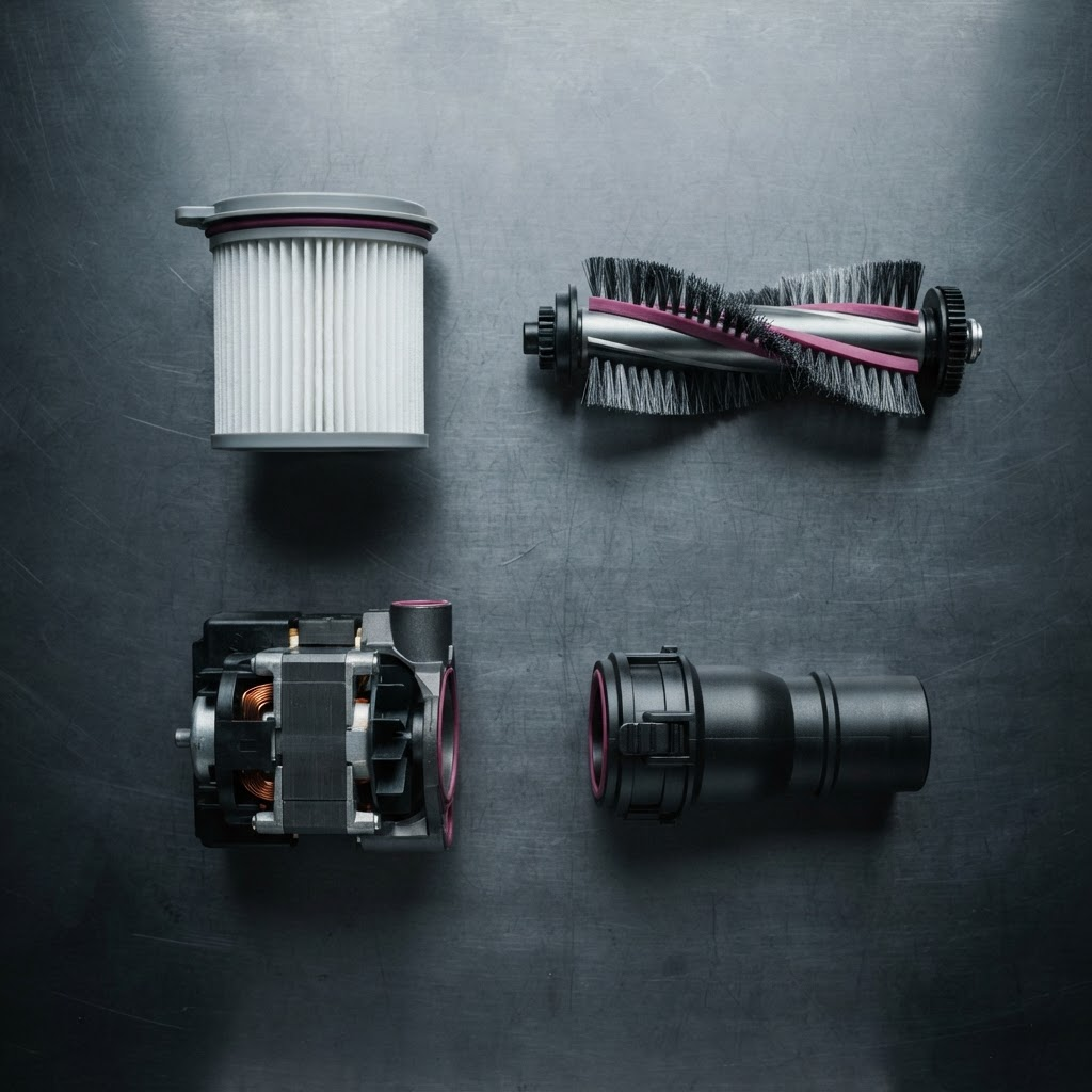 Dyson replacement filters and spare parts arranged for servicing
